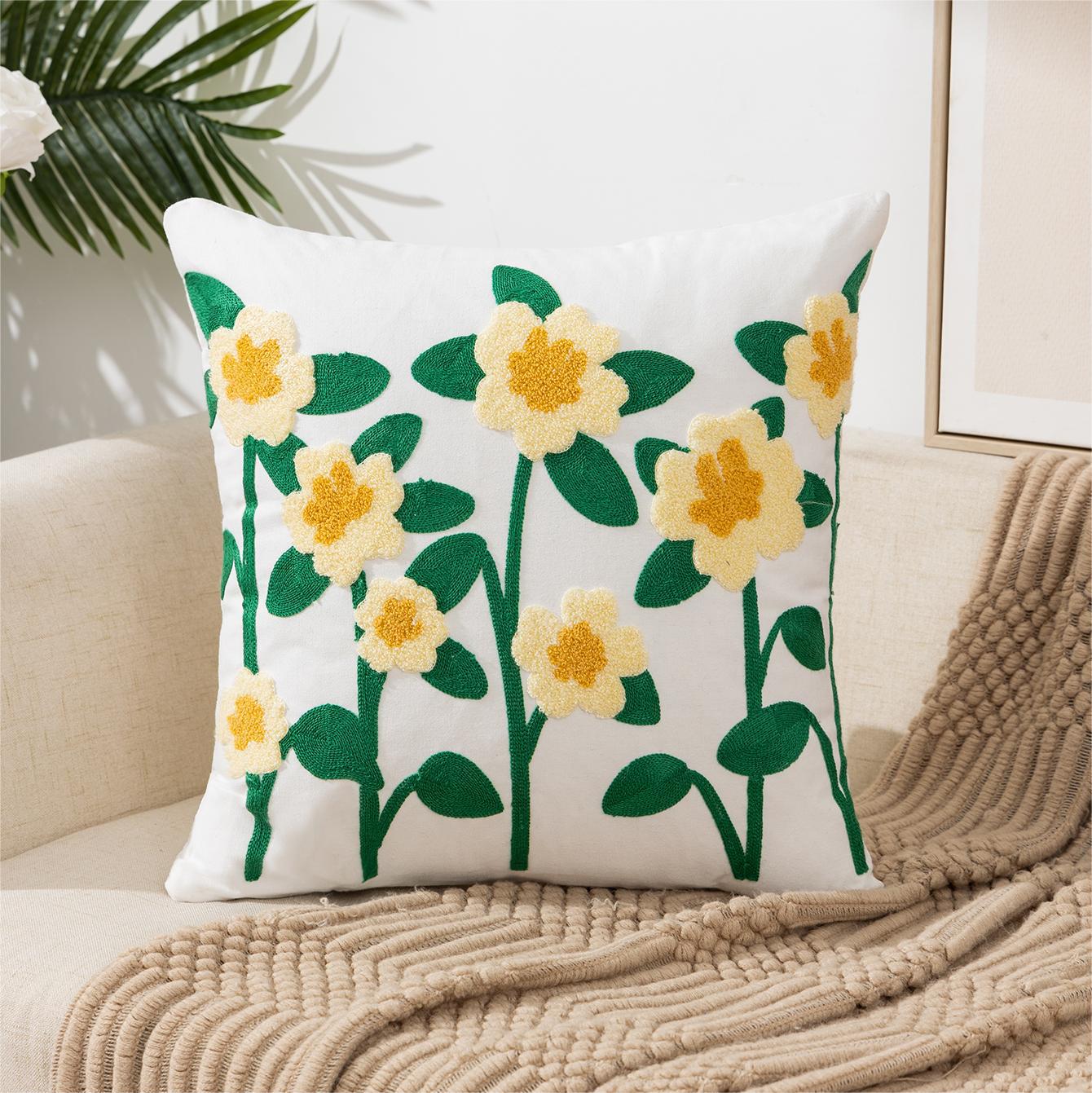 Embroidered Flower Plant Pillow